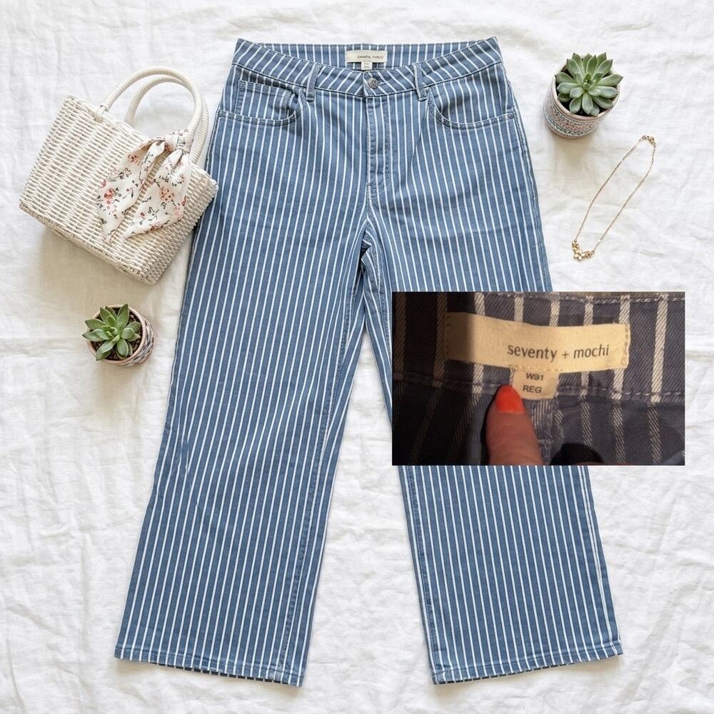 Anthro Seventy + Mochi Pablo Wide Leg Jeans W31 Striped Organic Cotton‎ Crop